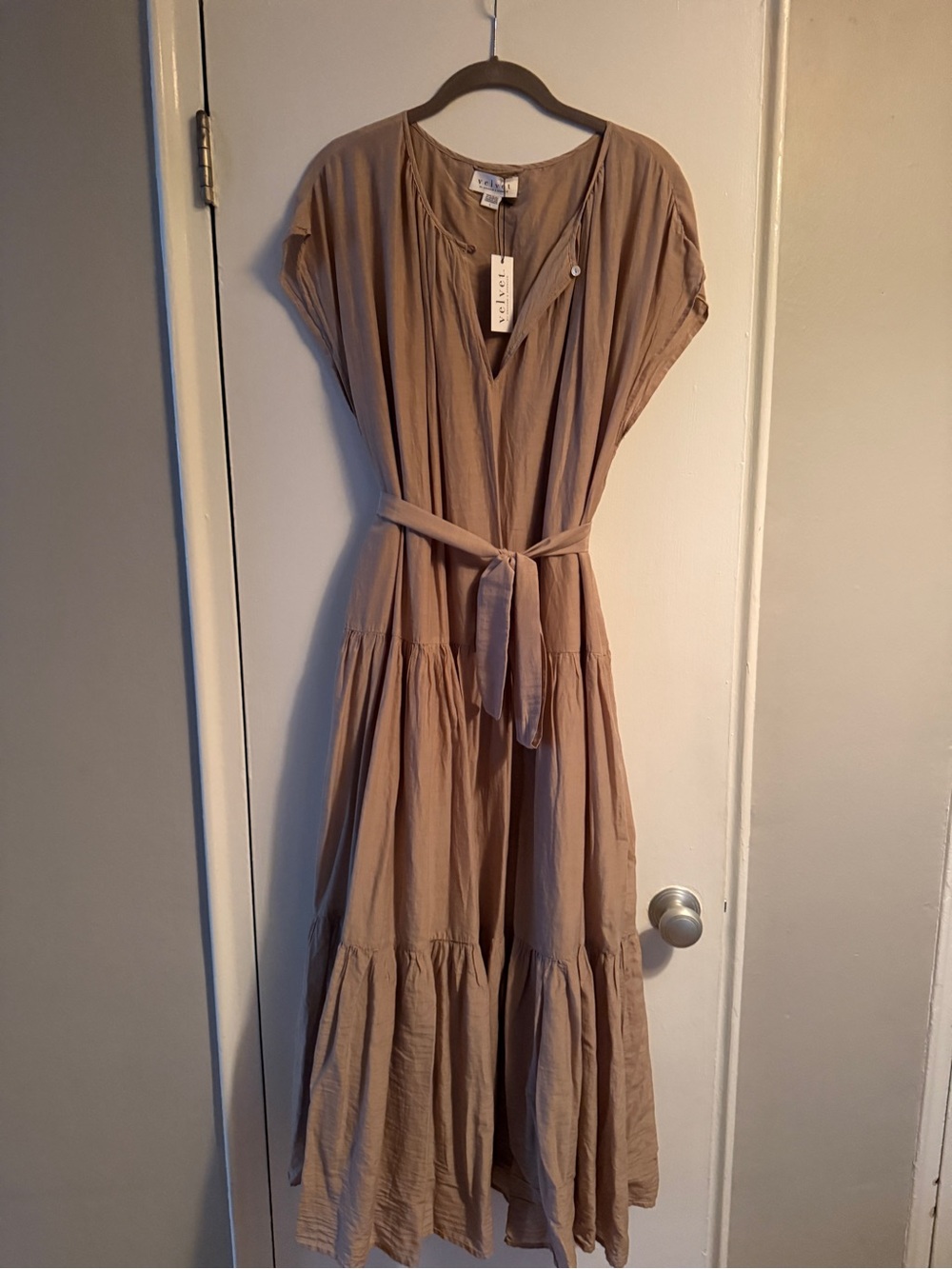 Velvet by Graham & Spencer Taupe Tiered Belted Maxi Dress